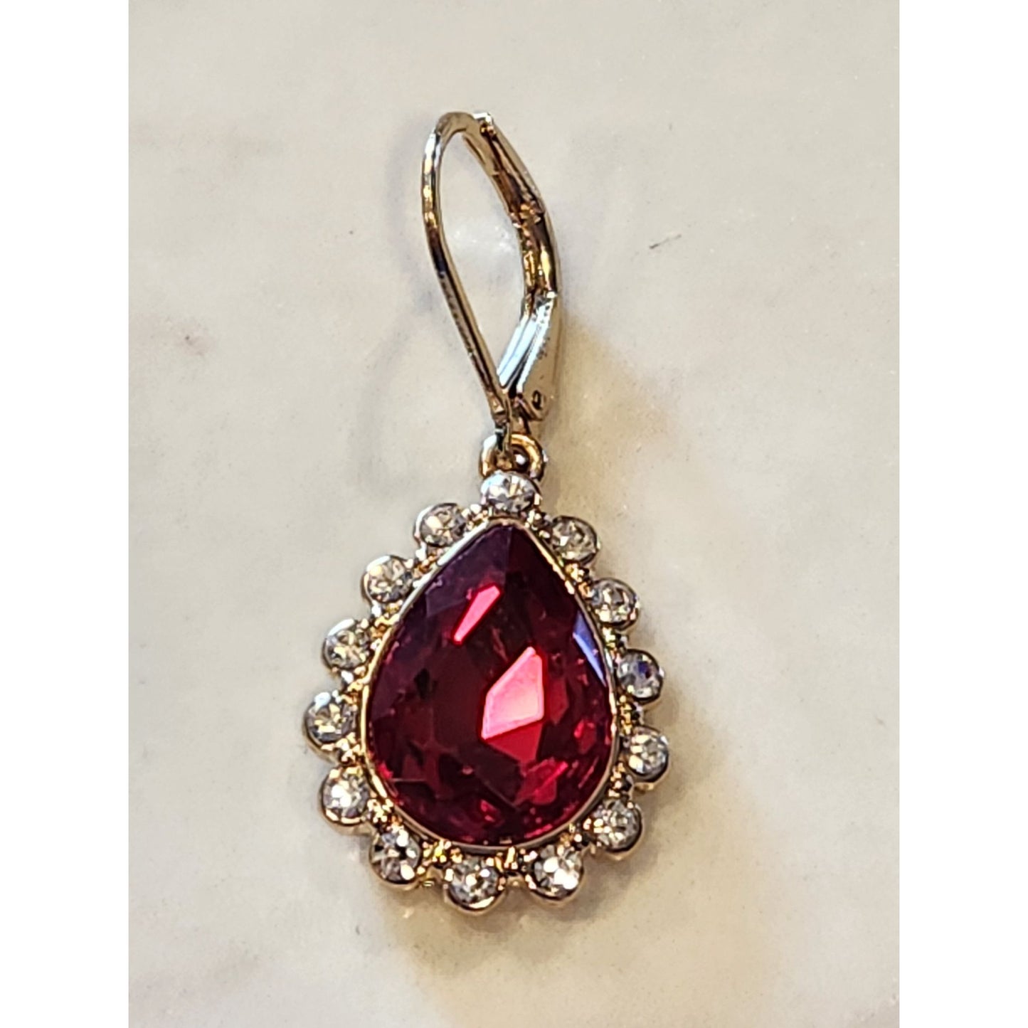 Napier Gold-Tone Leverback Earrings Red Teardrop Gemstone Clear Crystal Accents