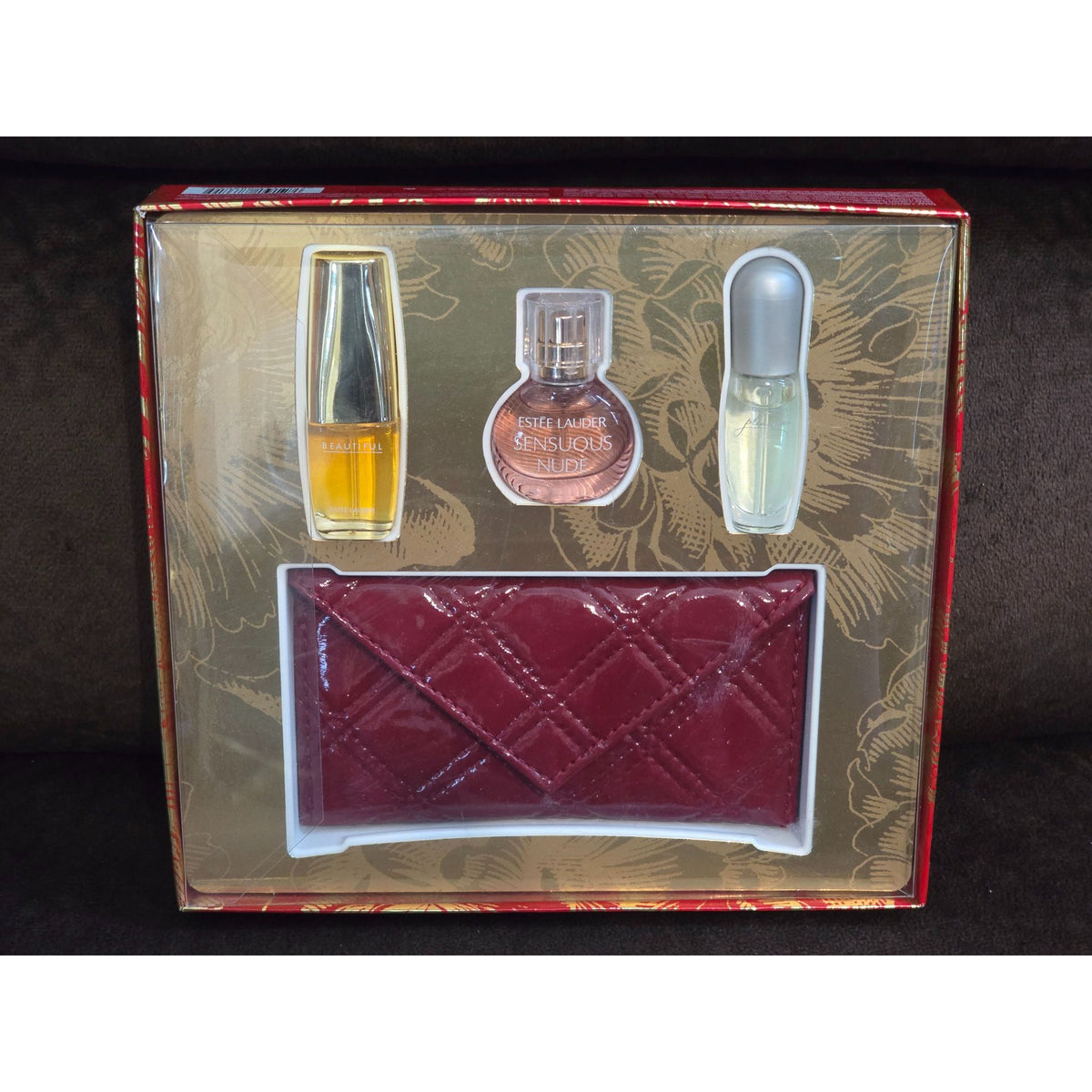 Estee Lauder Mini Perfume Gift Set Beautiful Sensuous Nude Pleasures + Clutch