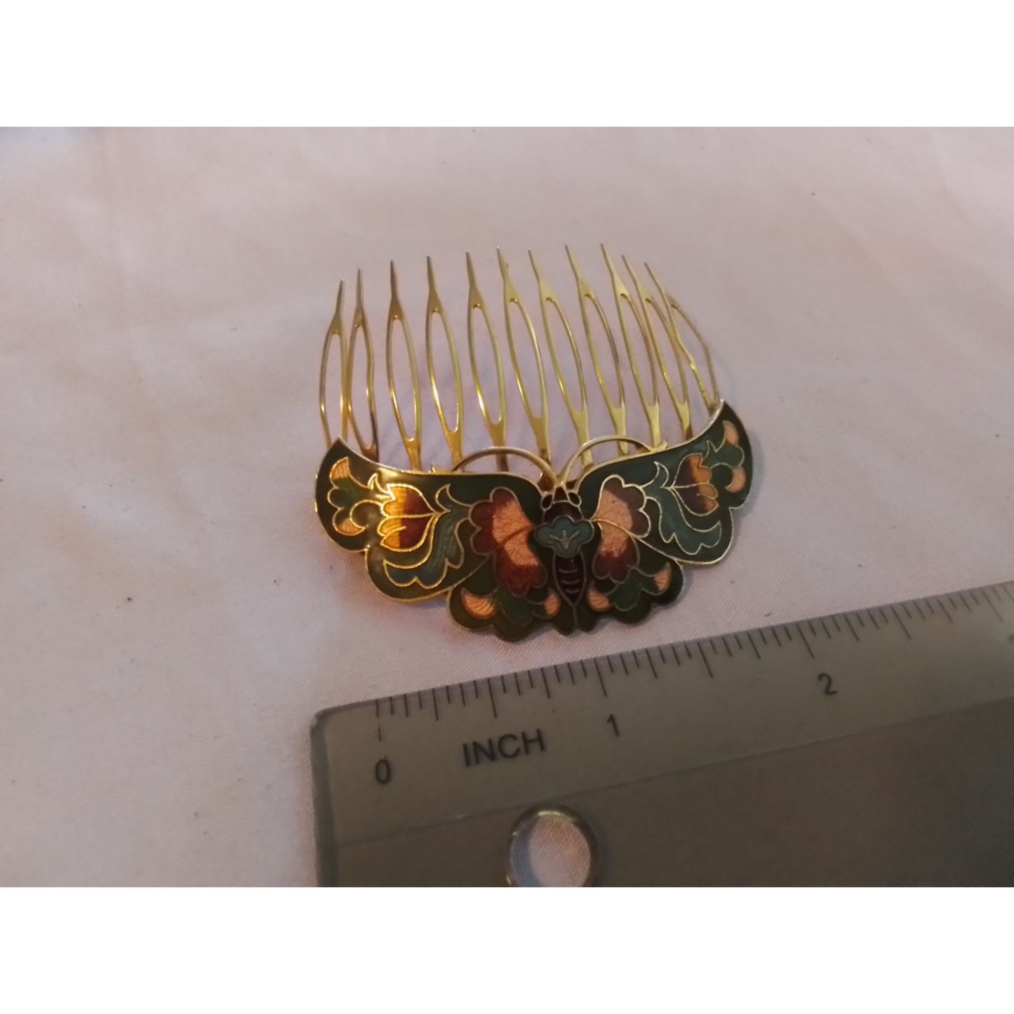 Vintage Gold Tone & Enamel Cloisonne Butterfly Hair Comb