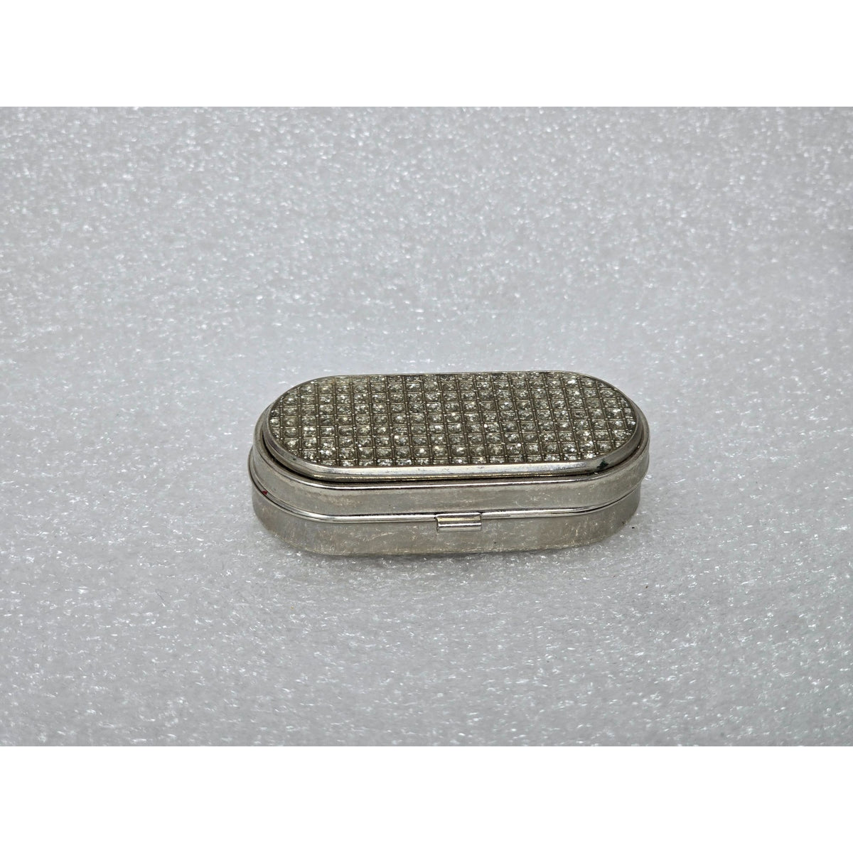 Vintage Silver-Tone Rhinestone Pill Box Mirror & Divided Interior Compact Design