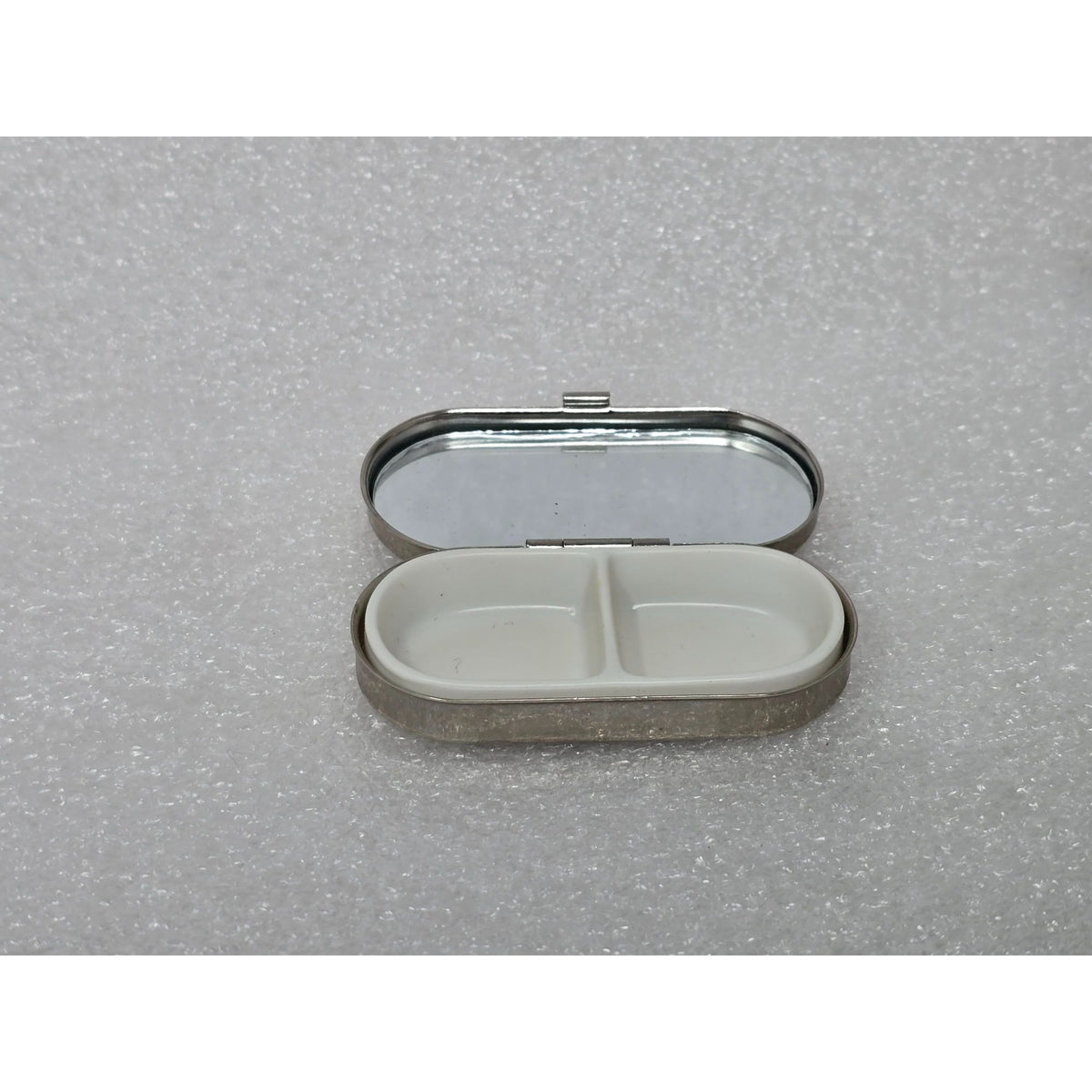 Vintage Silver-Tone Rhinestone Pill Box Mirror & Divided Interior Compact Design