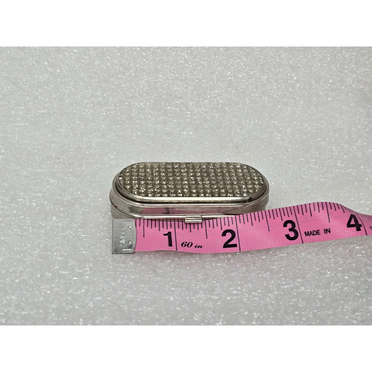 Vintage Silver-Tone Rhinestone Pill Box Mirror & Divided Interior Compact Design