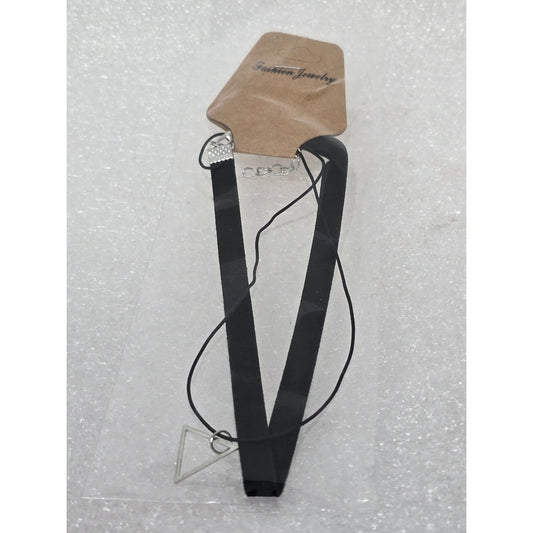 Black Double Layer Choker Necklace With Triangle Silver Tone  Pendant For Women