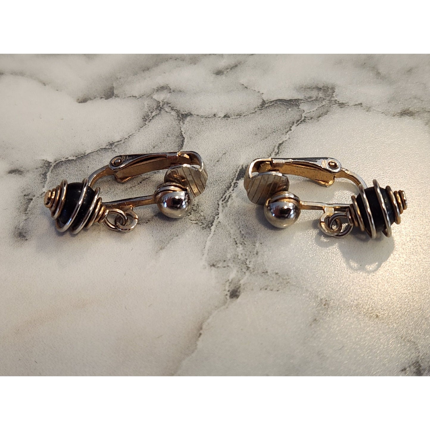 Vintage Black & Gold Tone Clip-On Earrings With Spiral & Bead Design