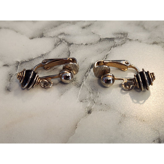 Vintage Black & Gold Tone Clip-On Earrings With Spiral & Bead Design