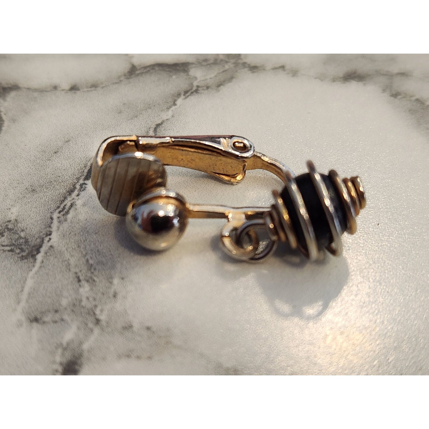 Vintage Black & Gold Tone Clip-On Earrings With Spiral & Bead Design
