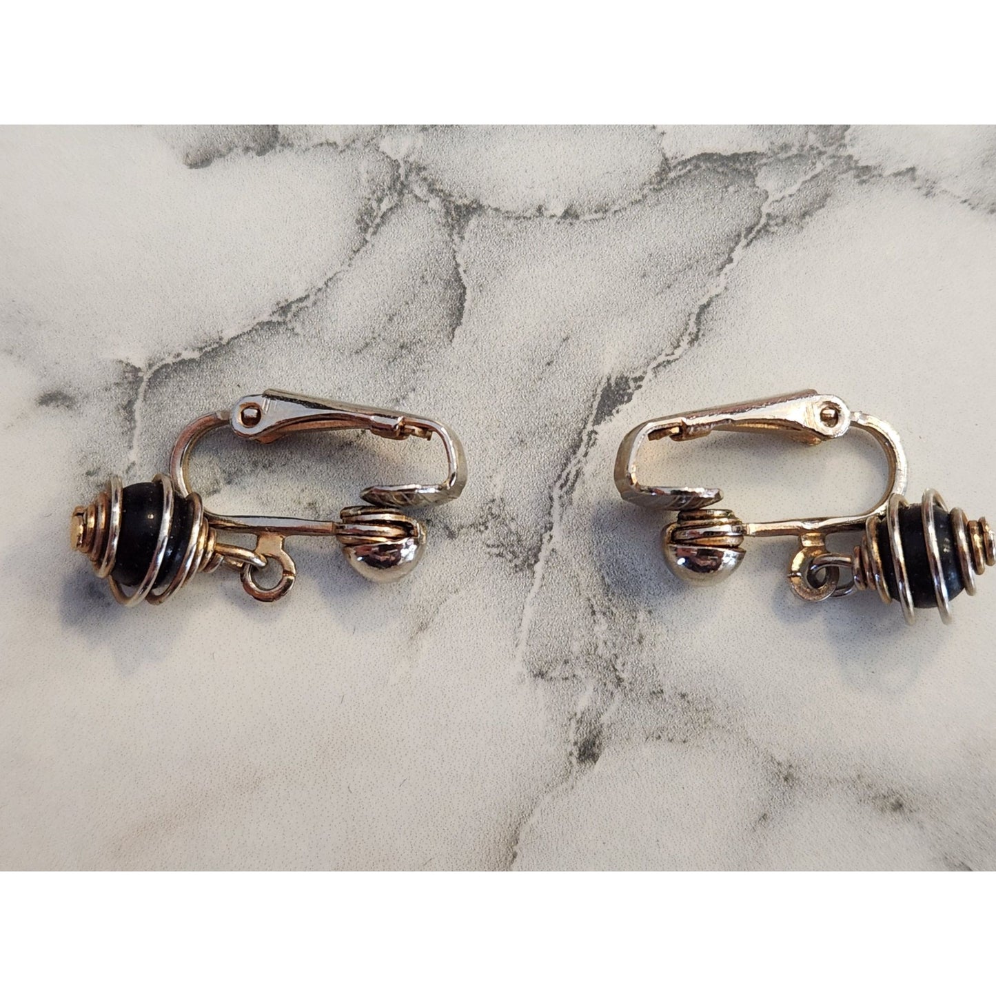 Vintage Black & Gold Tone Clip-On Earrings With Spiral & Bead Design