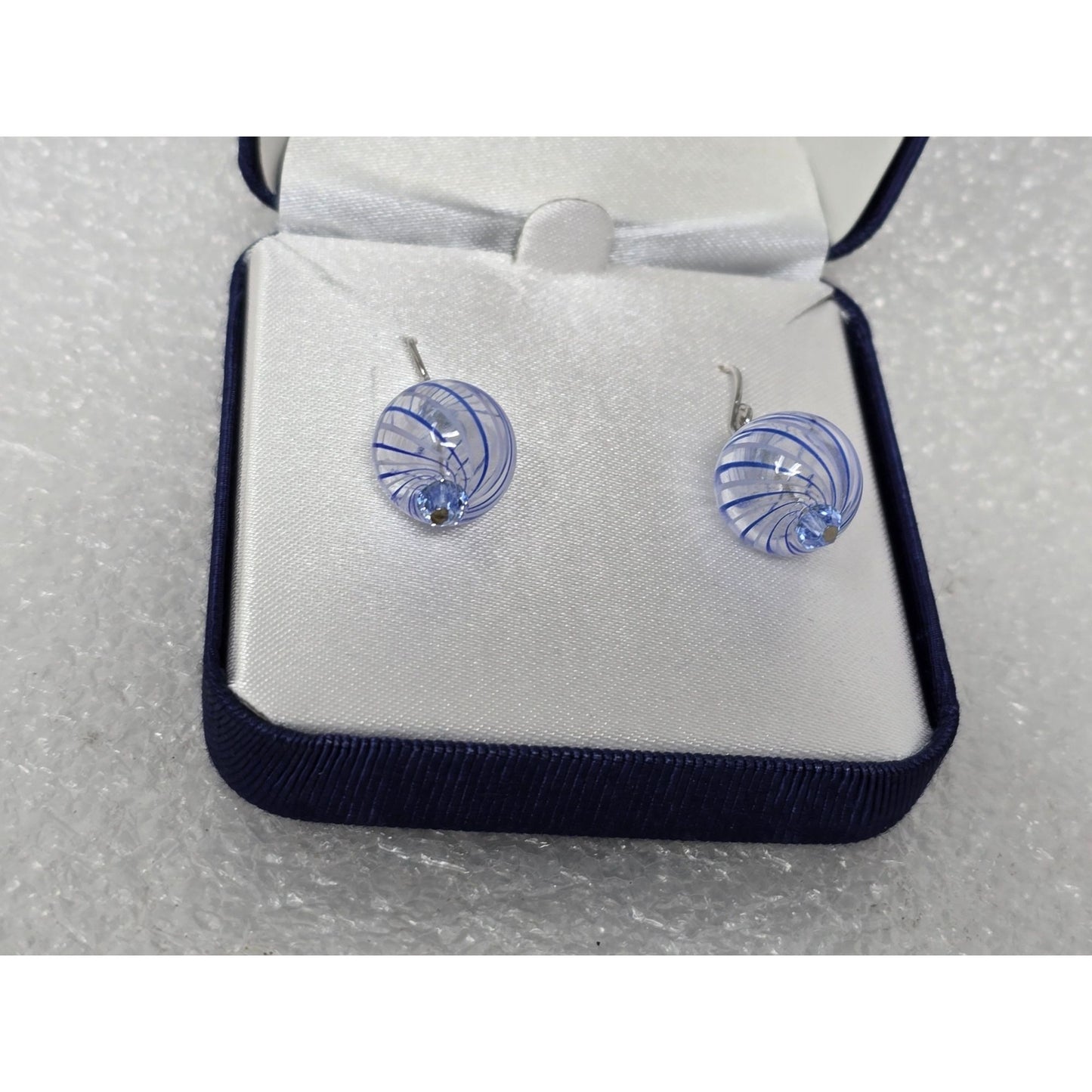 Sterling Silver .925 Artisan Handblown Glass Earrings Blue Swirl Design Gift Box