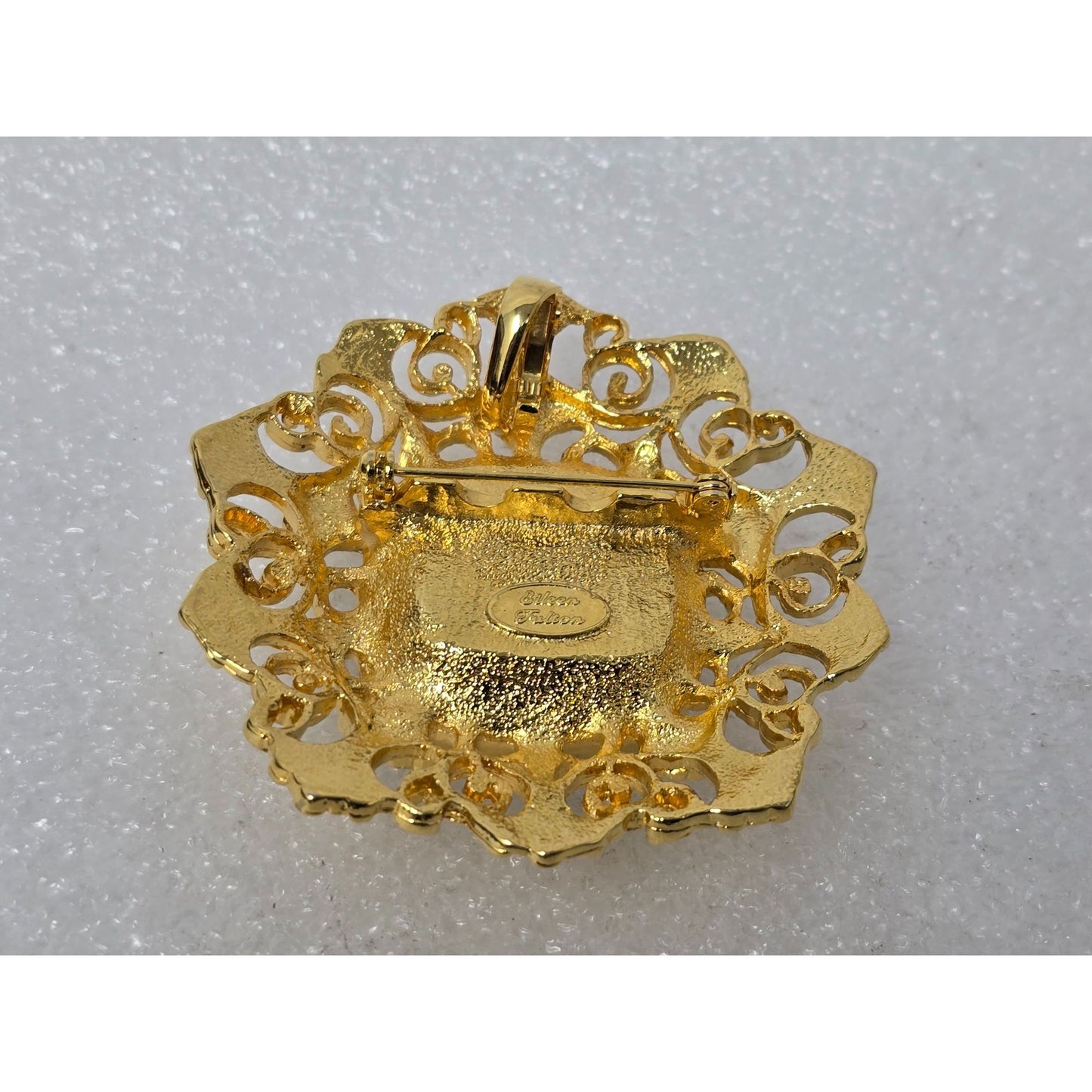 Eileen Fulton Gold Tone Filigree Crystal Brooch Ornate Statement Pin Vintage