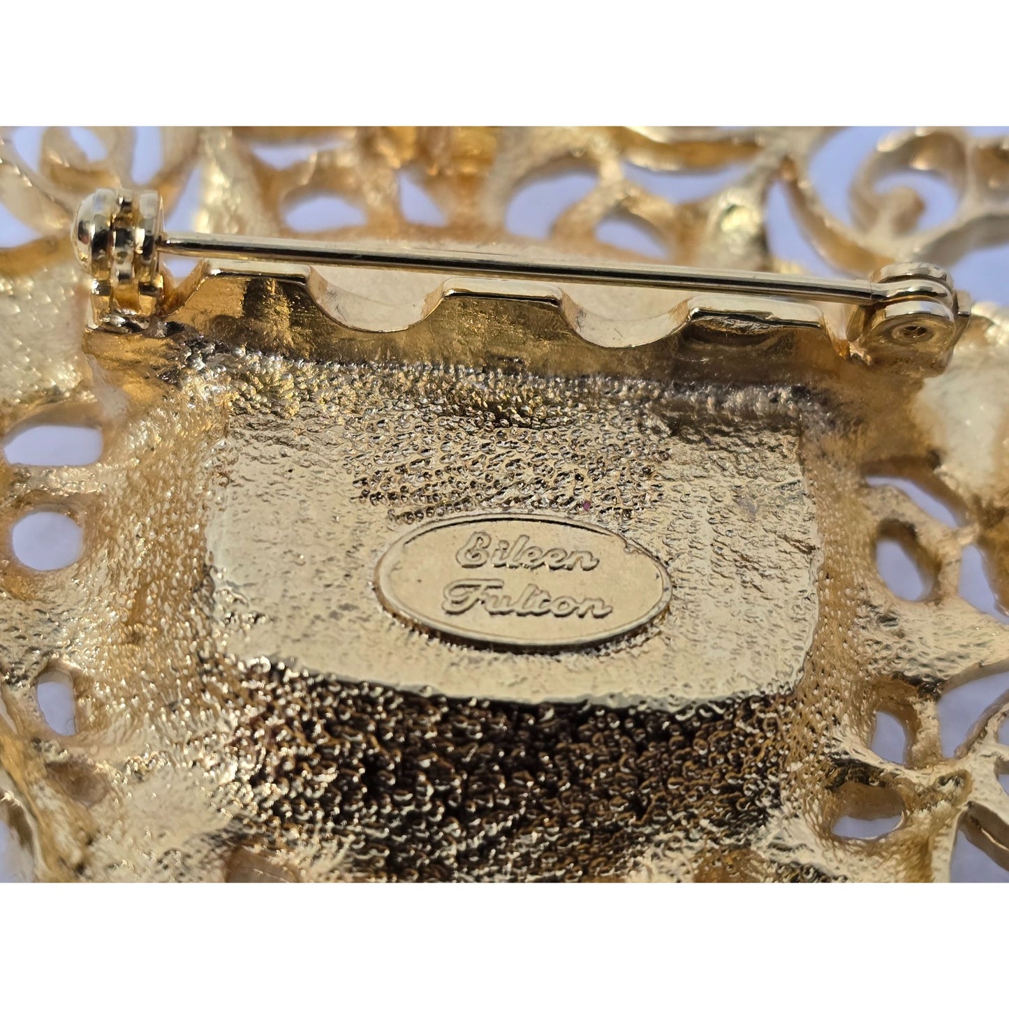 Eileen Fulton Gold Tone Filigree Crystal Brooch Ornate Statement Pin Vintage