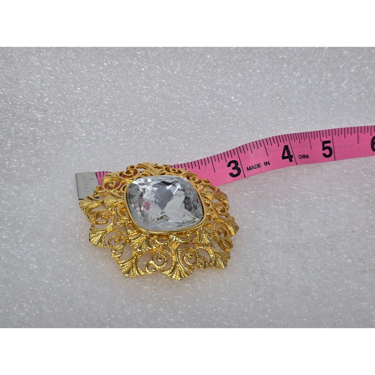 Eileen Fulton Gold Tone Filigree Crystal Brooch Ornate Statement Pin Vintage