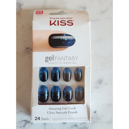 Kiss Gel Fantasy Painted Veil Gel Nails 24 Ready To Wear 60665 Blue & Black