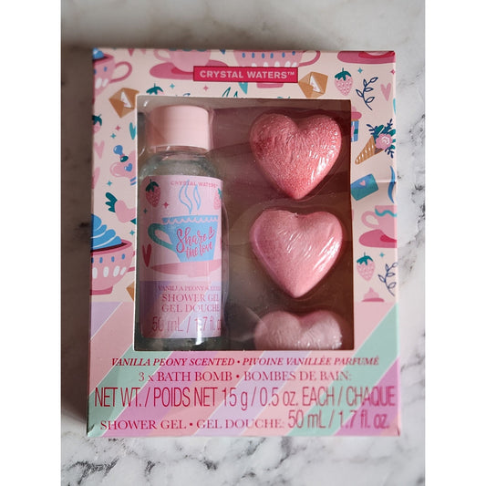 Crystal Waters Vanilla Peony Scented Shower Gel & Heart Bath Bomb Set