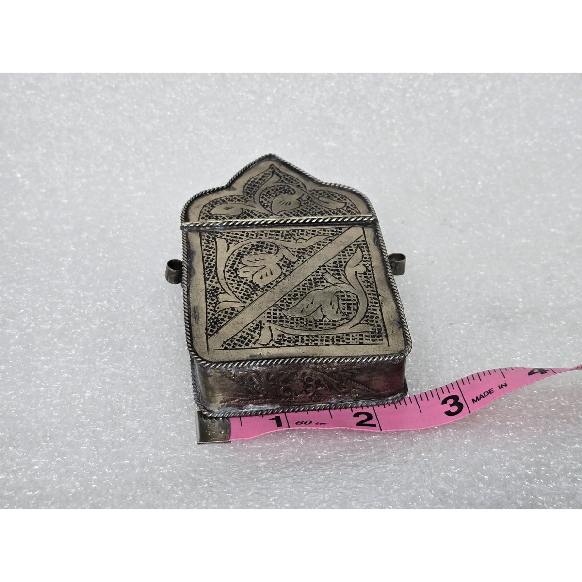 Vintage Engraved Silver Tone Amulet Box Trinket Keepsake Hinged Ornate Floral