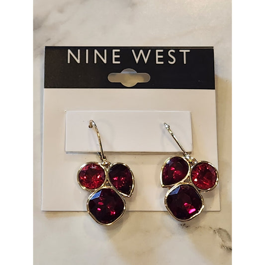 Nine West Gold-Tone Drop Earrings With Red Gemstone Cluster Design For Women