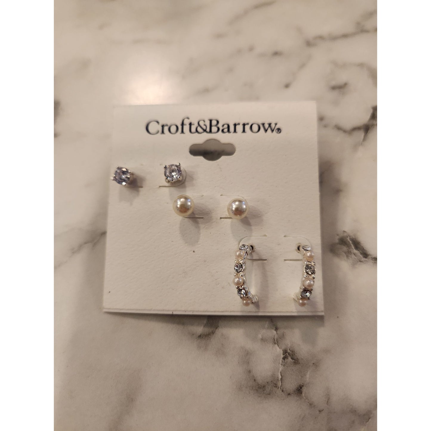 Croft & Barrow Trio Earring Set Faux Pearl & Rhinestone Studs & Hoops