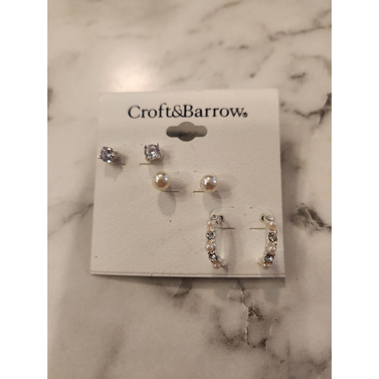 Croft & Barrow Trio Earring Set Faux Pearl & Rhinestone Studs & Hoops