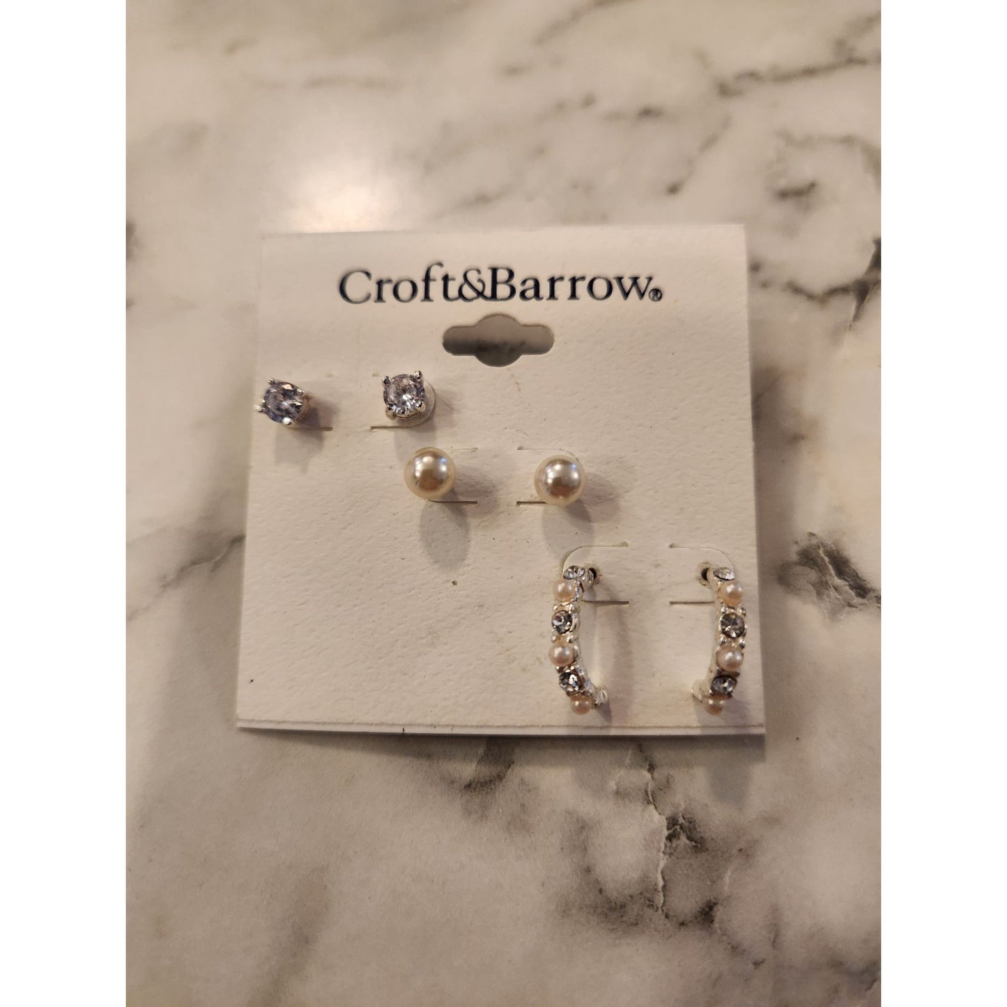 Croft & Barrow Trio Earring Set Faux Pearl & Rhinestone Studs & Hoops
