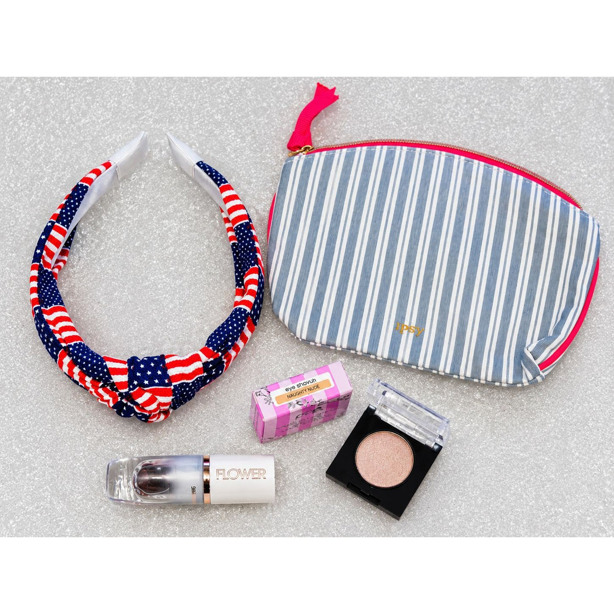 IPSY Makeup Bag Beauty Bundle Eyeshadow Flower Eye Tint Patriotic Headband 4 pc