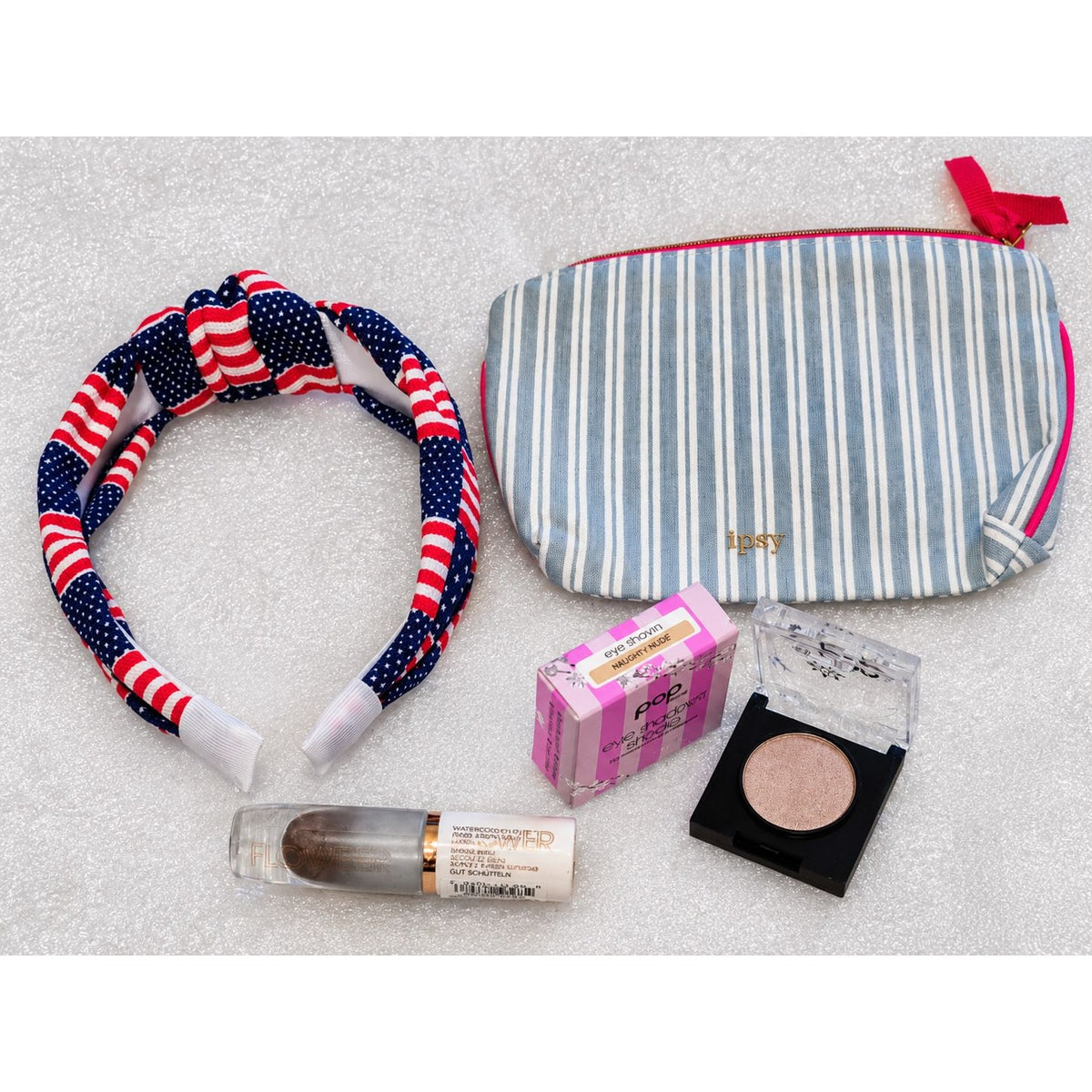 IPSY Makeup Bag Beauty Bundle Eyeshadow Flower Eye Tint Patriotic Headband 4 pc