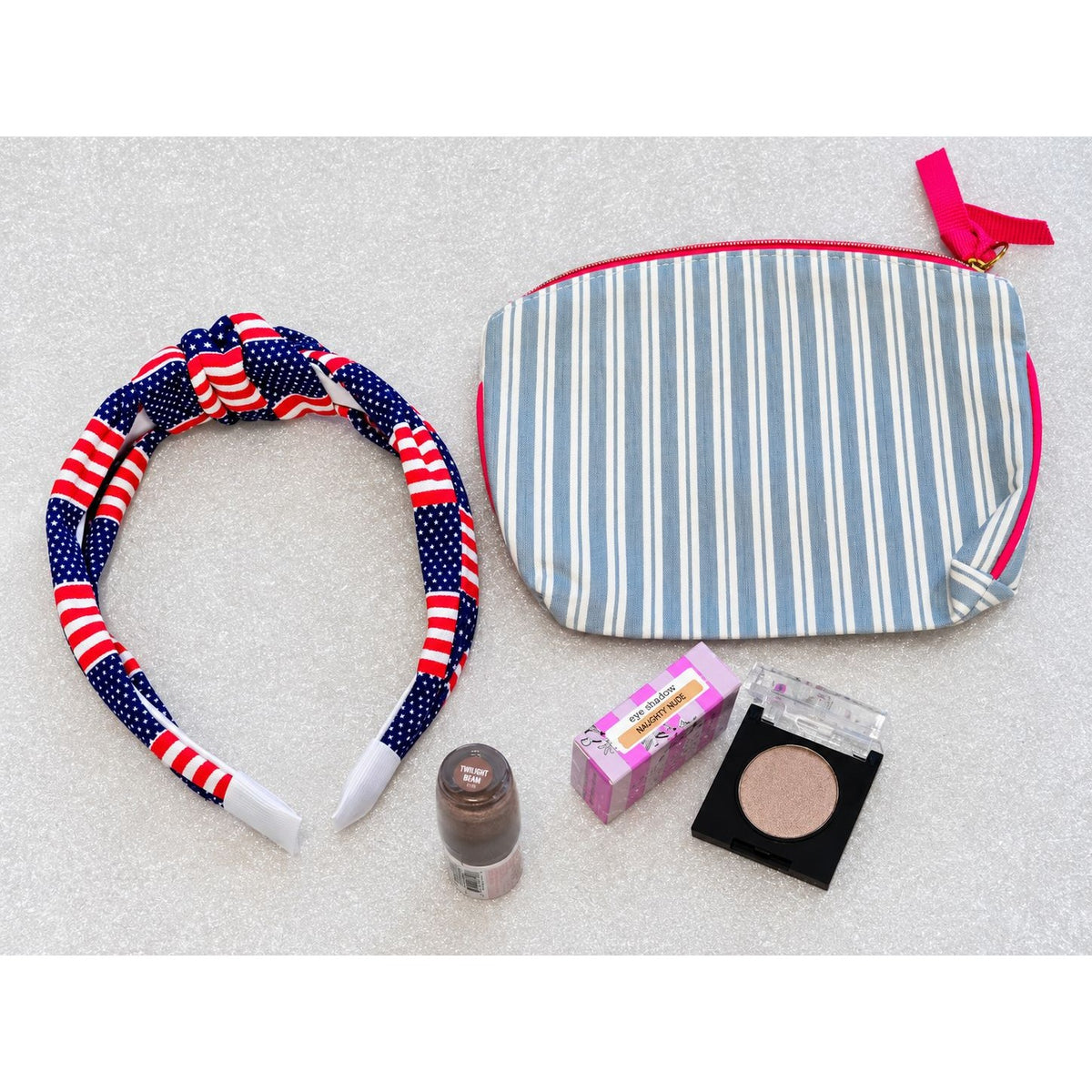 IPSY Makeup Bag Beauty Bundle Eyeshadow Flower Eye Tint Patriotic Headband 4 pc