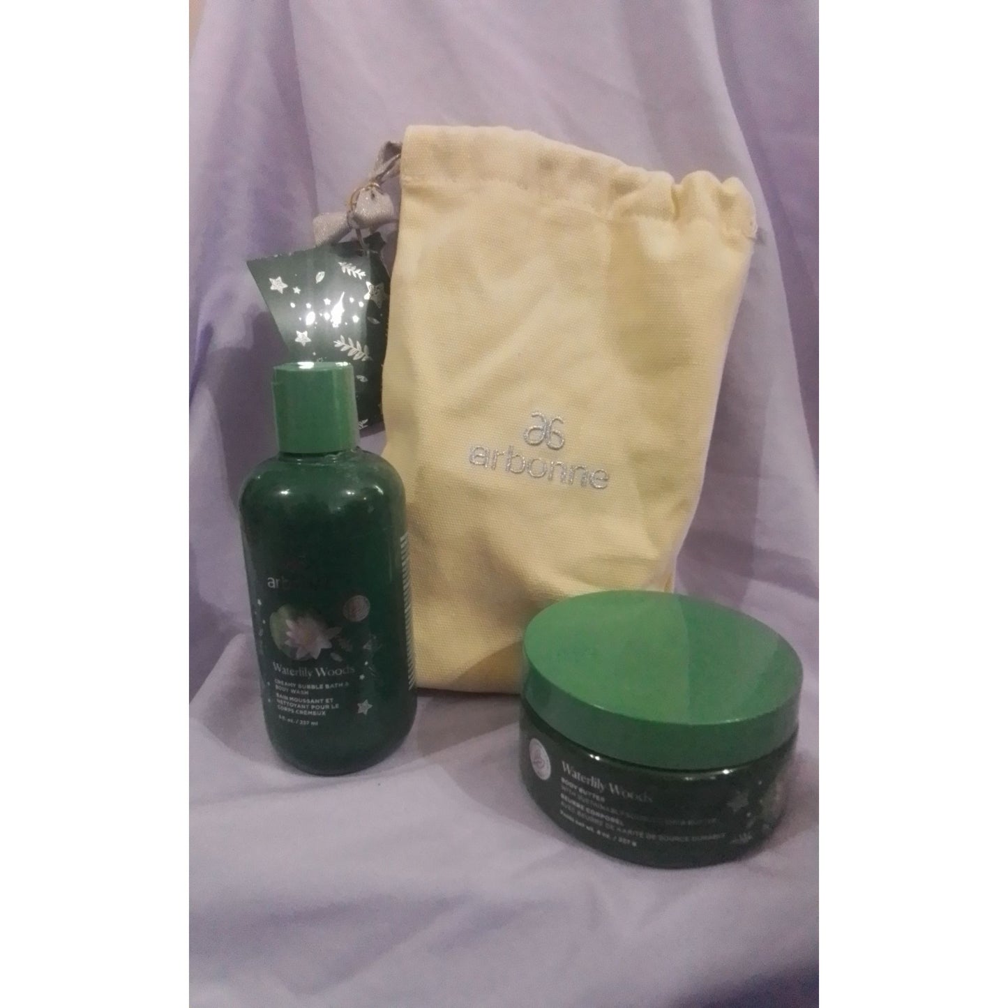 Arbonne Waterlily Woods Body Butter & Bubble Bath/Body Wash Set With Bag