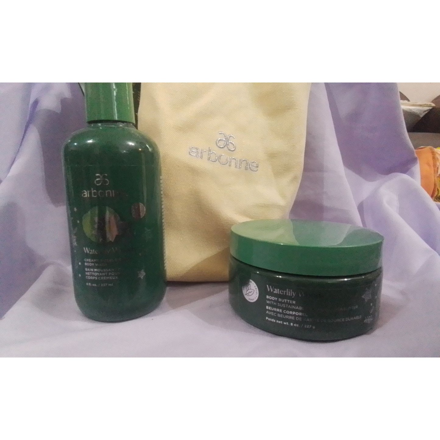 Arbonne Waterlily Woods Body Butter & Bubble Bath/Body Wash Set With Bag