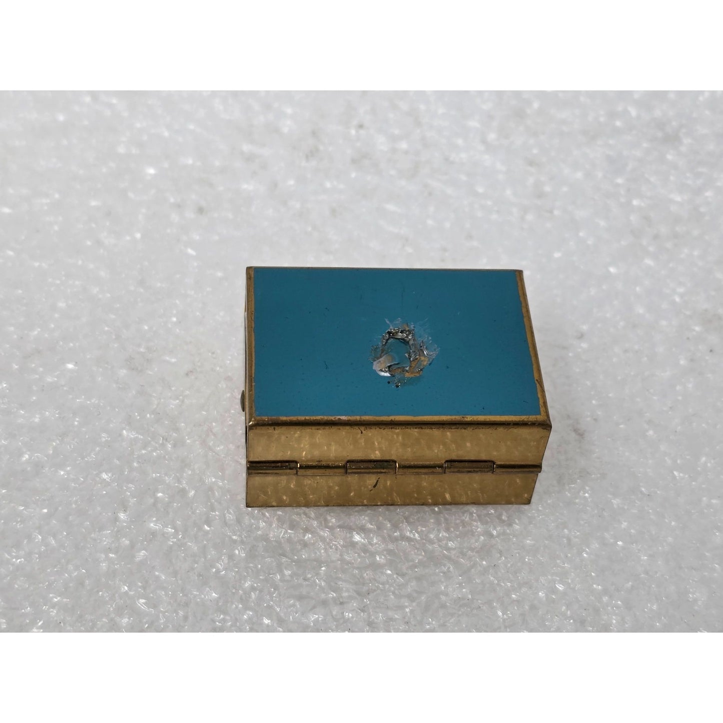 Vintage Gold-Tone Metal Trinket Pill Box With Blue Enamel Lid & Hinged Closure