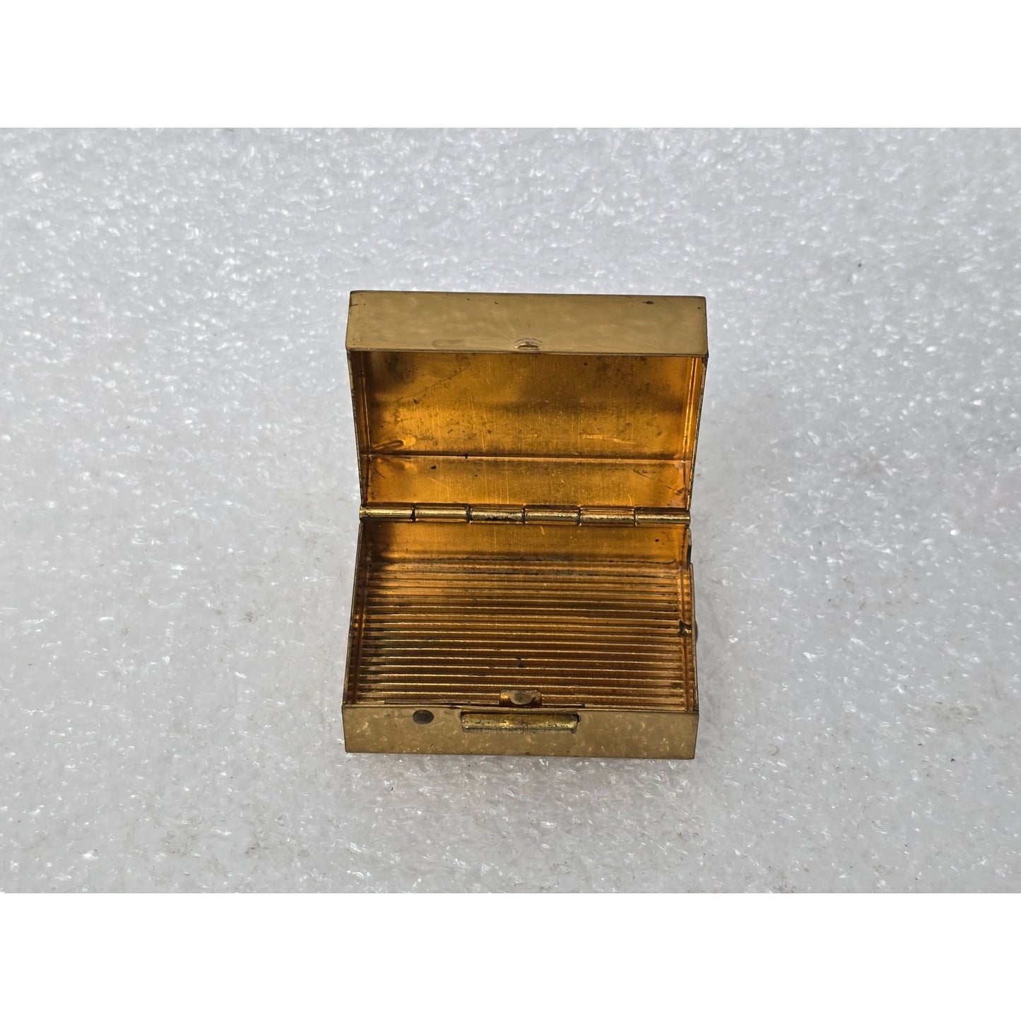 Vintage Gold-Tone Metal Trinket Pill Box With Blue Enamel Lid & Hinged Closure