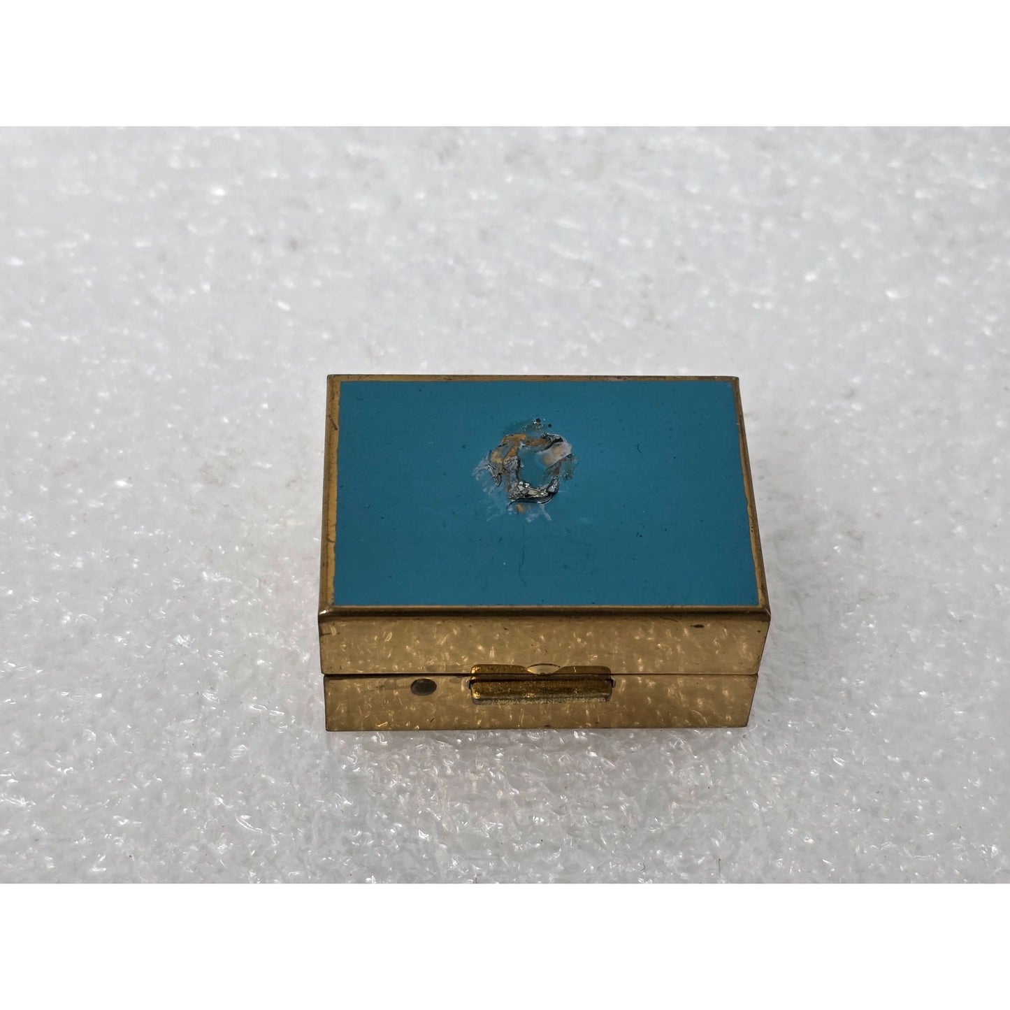 Vintage Gold-Tone Metal Trinket Pill Box With Blue Enamel Lid & Hinged Closure