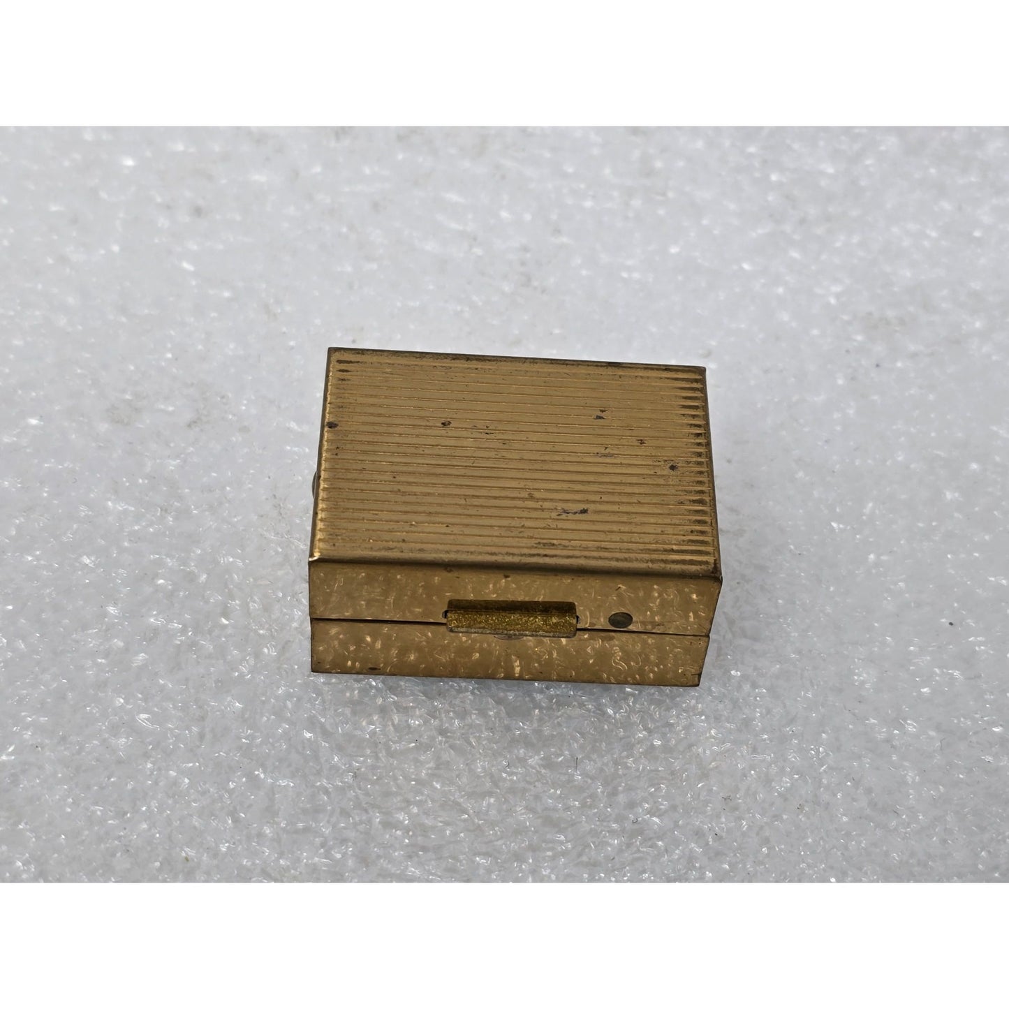 Vintage Gold-Tone Metal Trinket Pill Box With Blue Enamel Lid & Hinged Closure