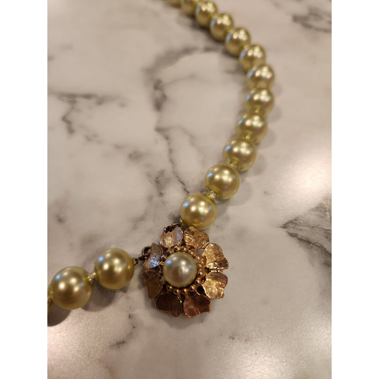 Vintage Faux Pearl Necklace With Gold-Tone Floral Clasp