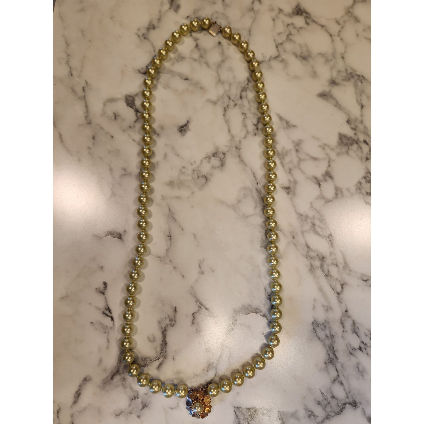 Vintage Faux Pearl Necklace With Gold-Tone Floral Clasp