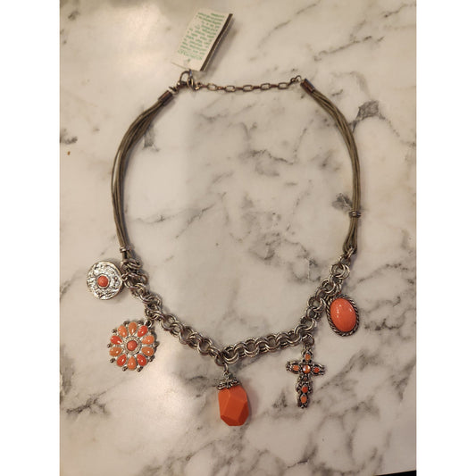 Vintage Coral Charm Necklace With Cross Pendant