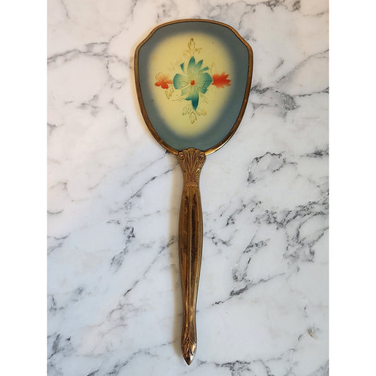 Vintage Handheld Vanity Mirror With Floral Design & Gold Tone Handle