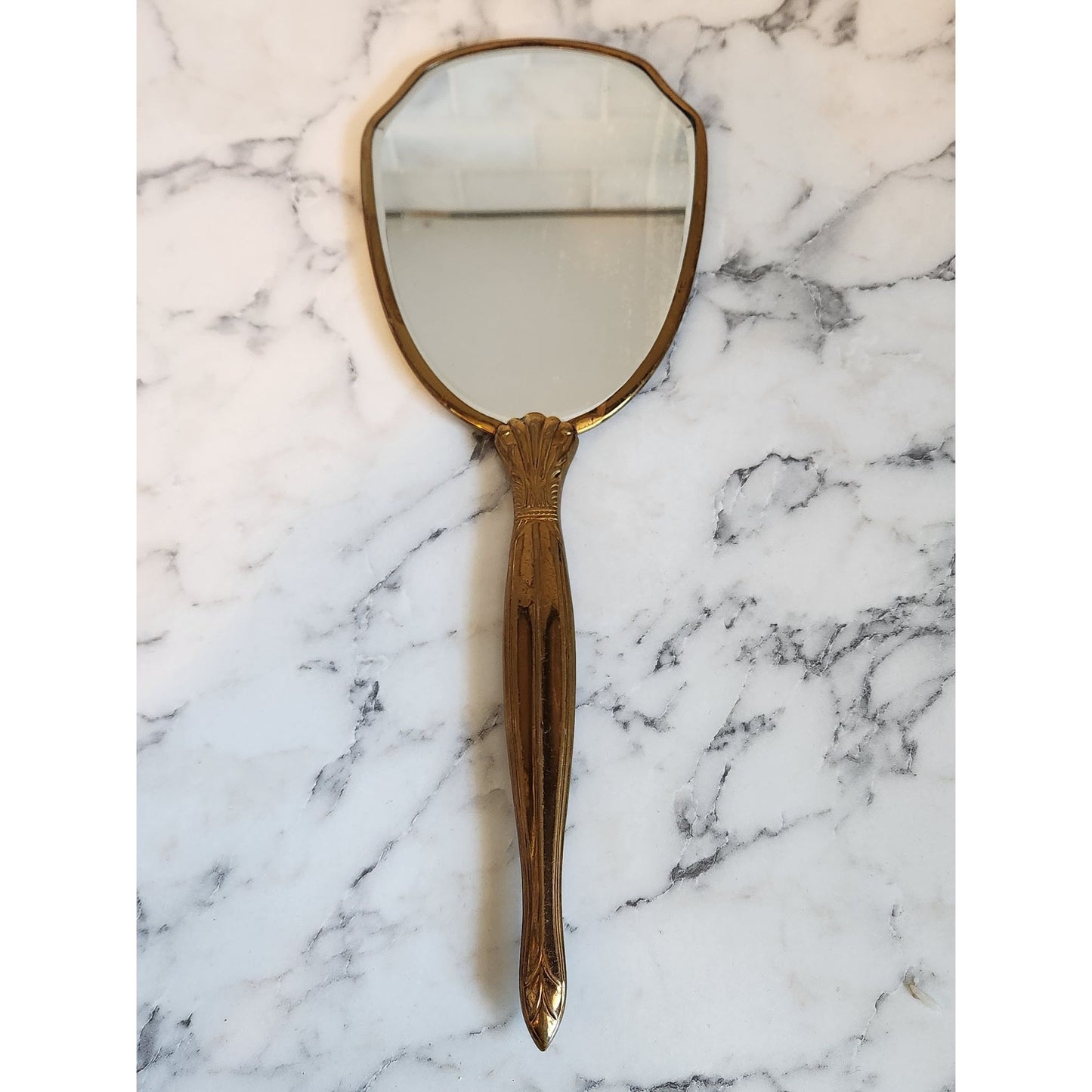 Vintage Handheld Vanity Mirror With Floral Design & Gold Tone Handle