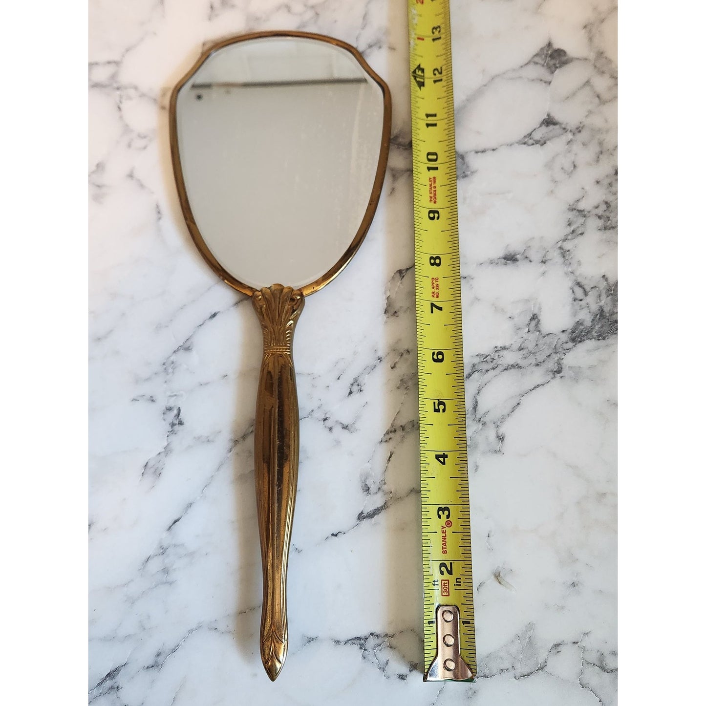 Vintage Handheld Vanity Mirror With Floral Design & Gold Tone Handle