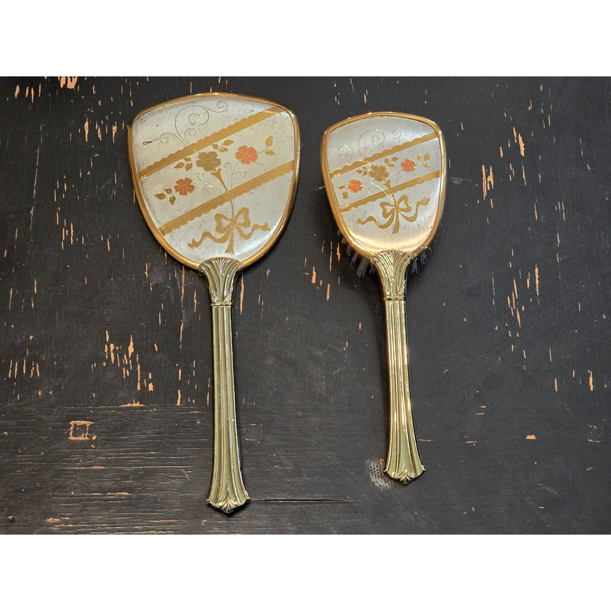 Vintage Vanity Hand Mirror Hair Brush Set Gold Silver Tone Floral Bow USA
