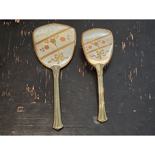 Vintage Vanity Hand Mirror Hair Brush Set Gold Silver Tone Floral Bow USA