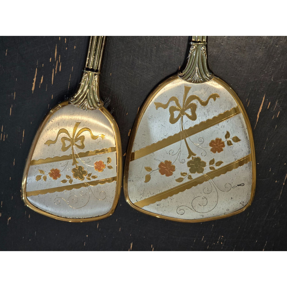 Vintage Vanity Hand Mirror Hair Brush Set Gold Silver Tone Floral Bow USA