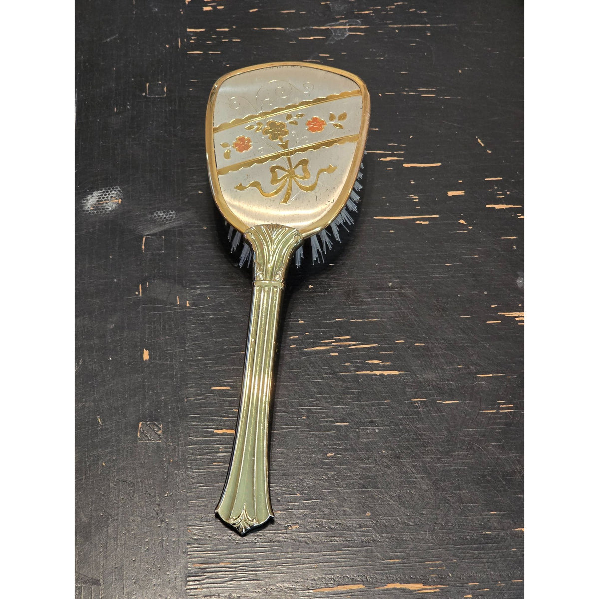 Vintage Vanity Hand Mirror Hair Brush Set Gold Silver Tone Floral Bow USA