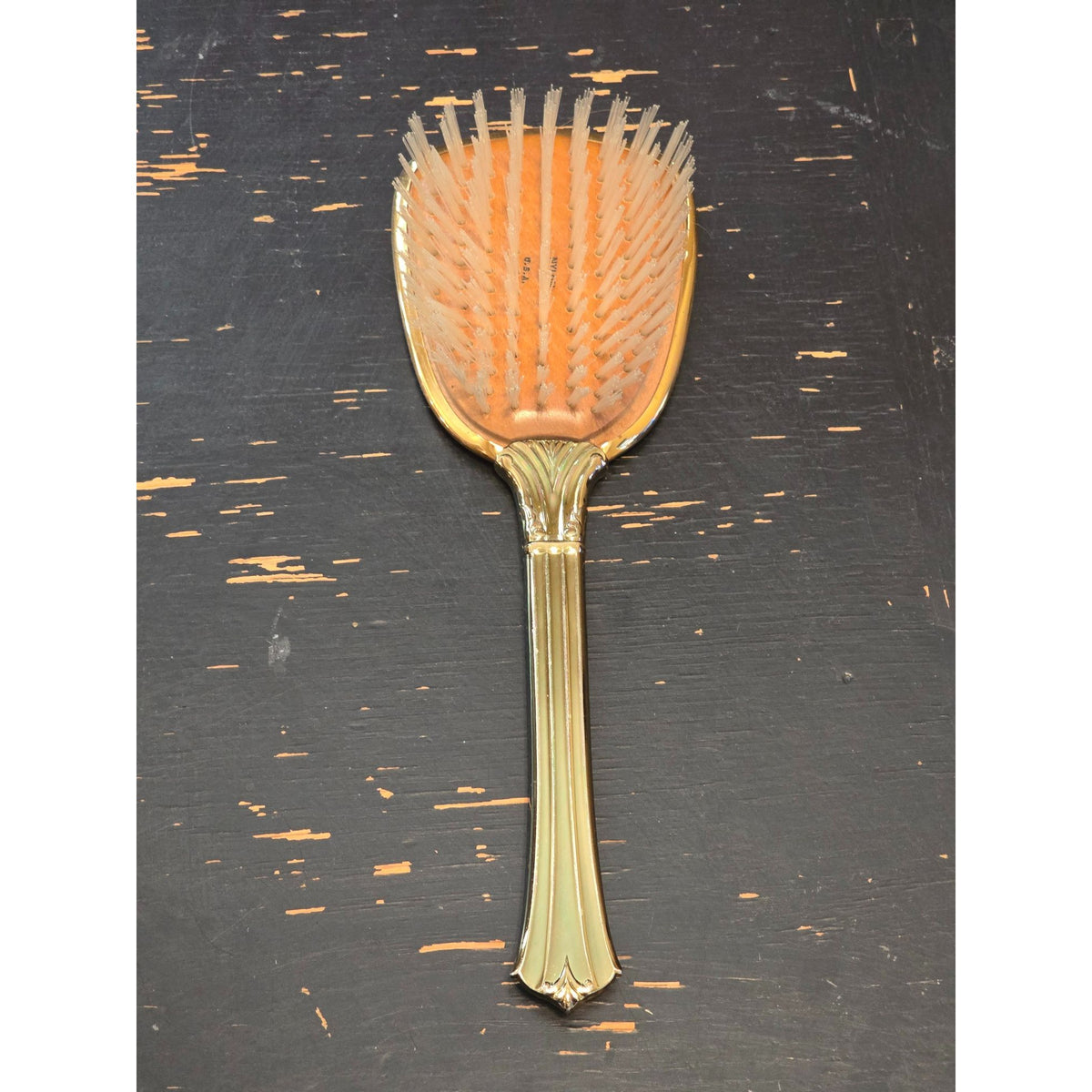 Vintage Vanity Hand Mirror Hair Brush Set Gold Silver Tone Floral Bow USA