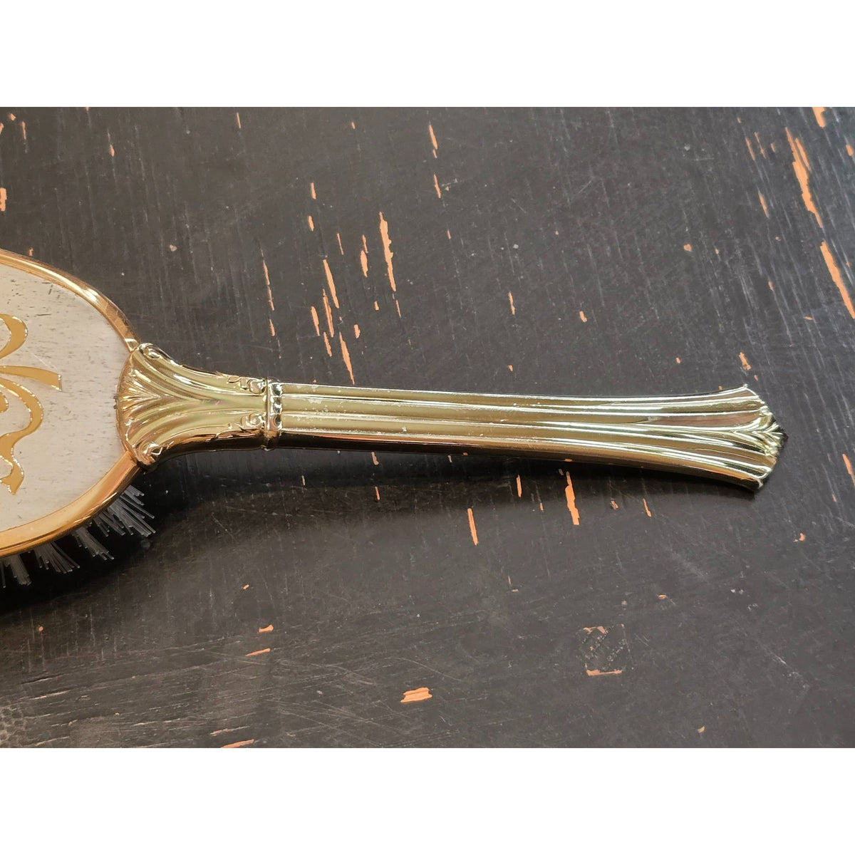 Vintage Vanity Hand Mirror Hair Brush Set Gold Silver Tone Floral Bow USA