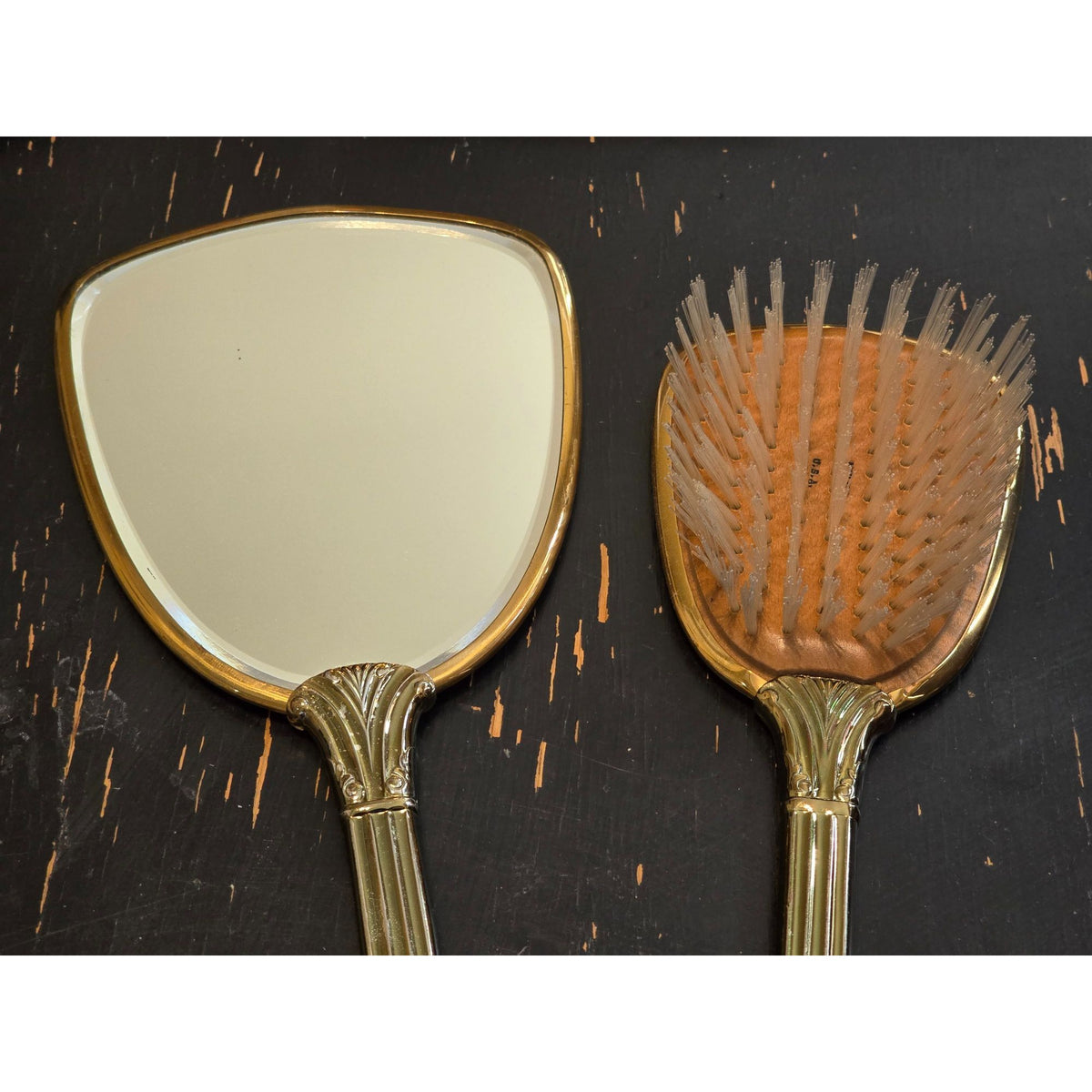 Vintage Vanity Hand Mirror Hair Brush Set Gold Silver Tone Floral Bow USA