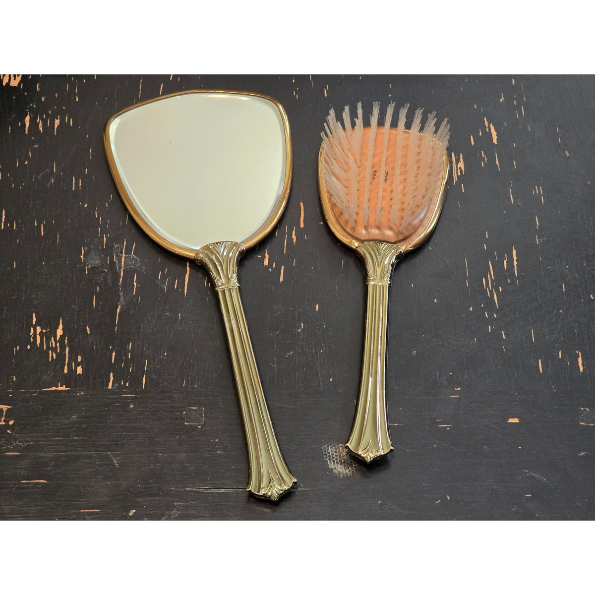 Vintage Vanity Hand Mirror Hair Brush Set Gold Silver Tone Floral Bow USA