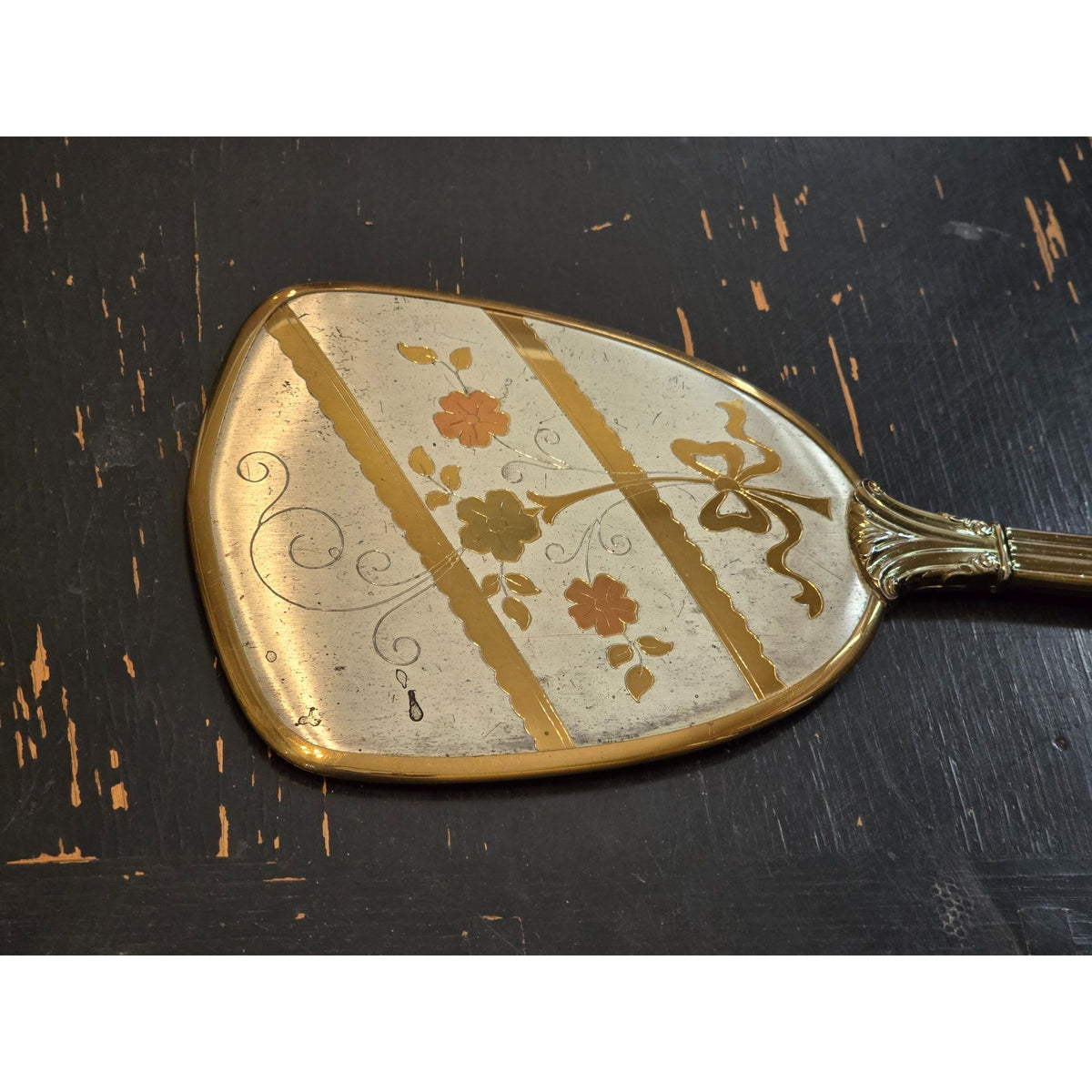 Vintage Vanity Hand Mirror Hair Brush Set Gold Silver Tone Floral Bow USA