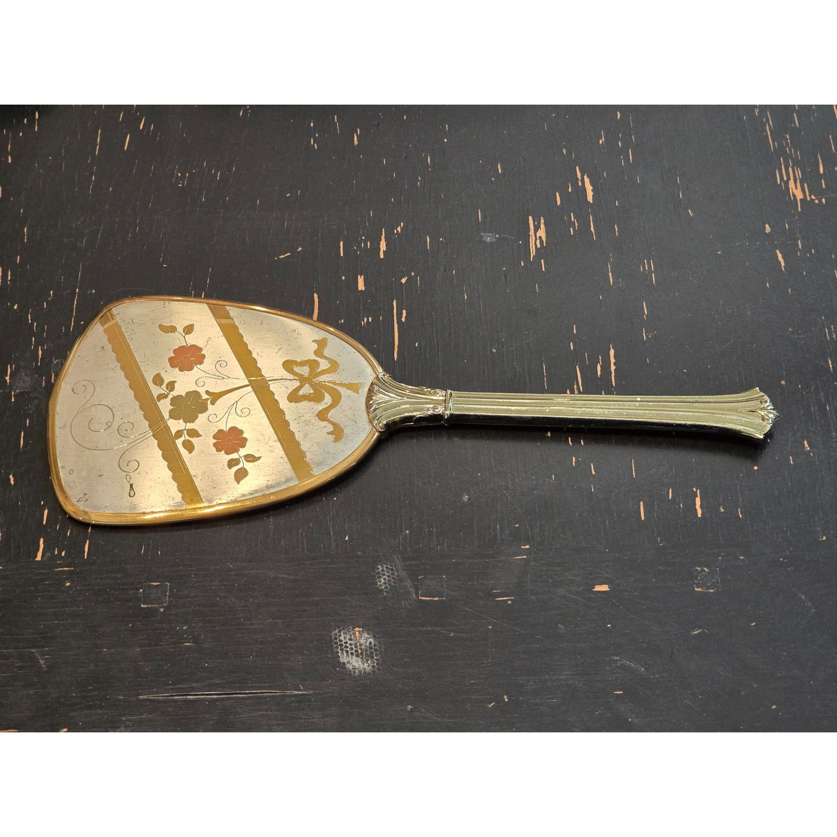 Vintage Vanity Hand Mirror Hair Brush Set Gold Silver Tone Floral Bow USA