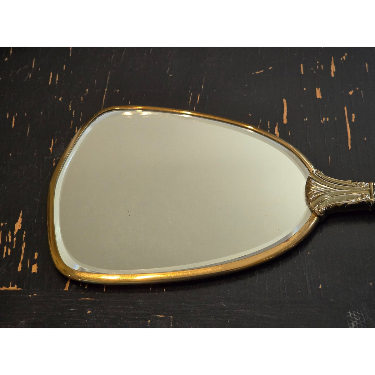 Vintage Vanity Hand Mirror Hair Brush Set Gold Silver Tone Floral Bow USA