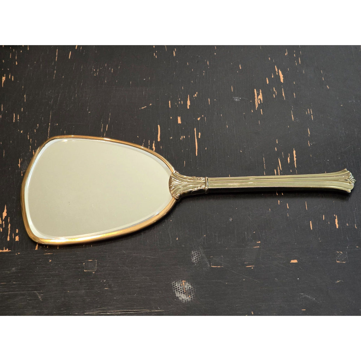 Vintage Vanity Hand Mirror Hair Brush Set Gold Silver Tone Floral Bow USA