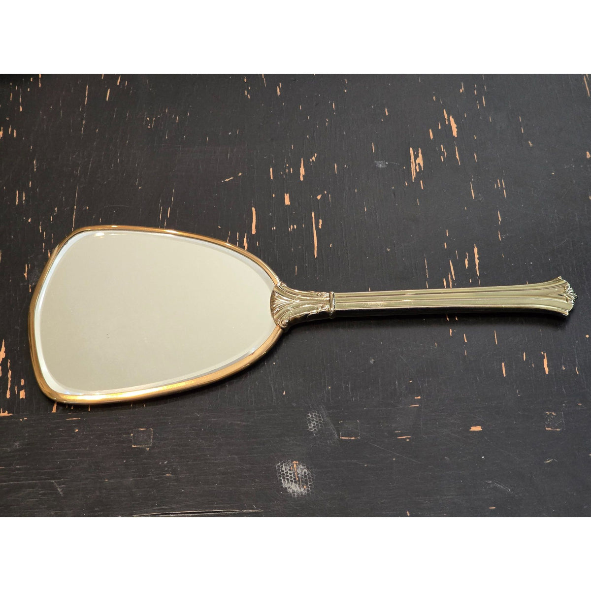Vintage Vanity Hand Mirror Hair Brush Set Gold Silver Tone Floral Bow USA